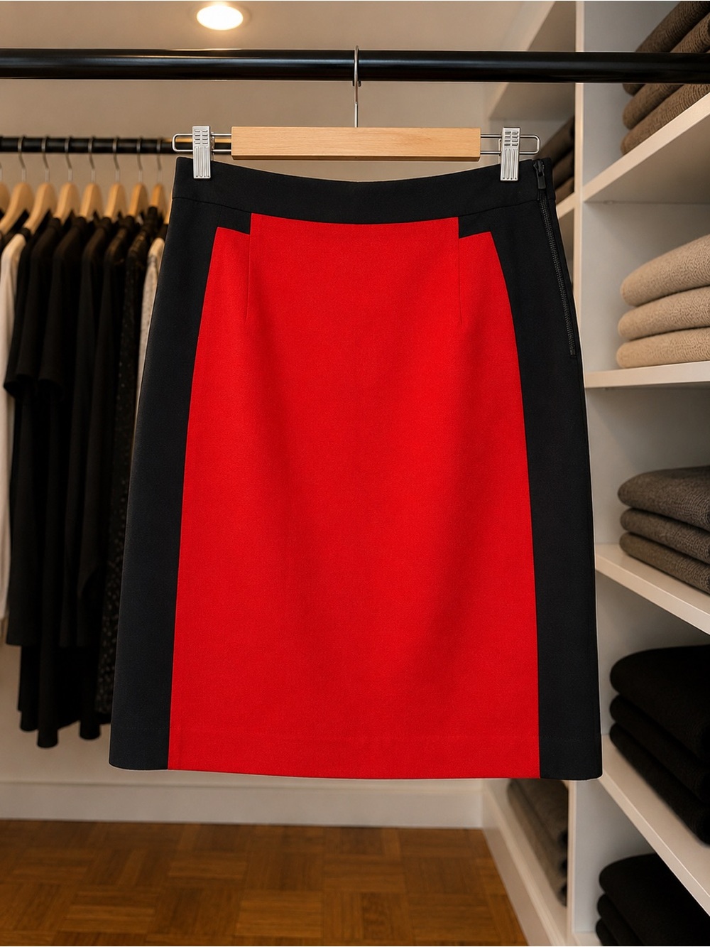 Worthington Red Black Colorblock Pencil Skirt 14P Career Office Statement Piece